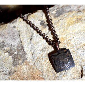 Antique Rust Black Brass Cat Pendant on Copper Chain